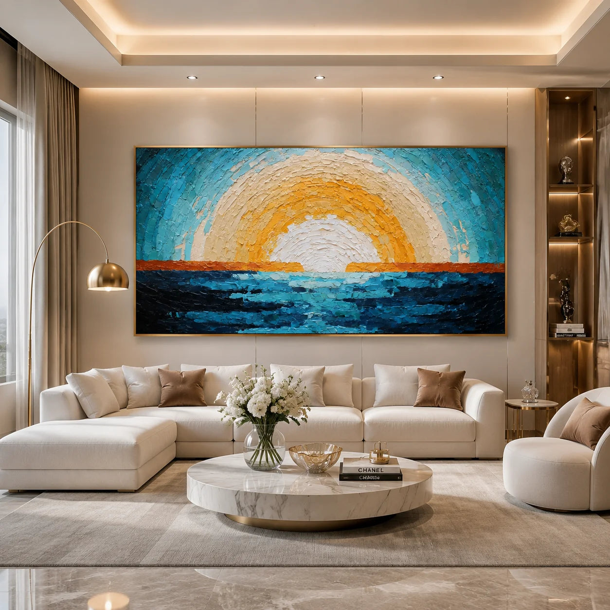 Ownanart Original Hand-Painted Abstract Ocean Sunrise Oil Painting, Large Horizontal Blue and Gold Textured Impasto Canvas Wall Art for Modern Living Room and Coastal Home Decor # OA 1237