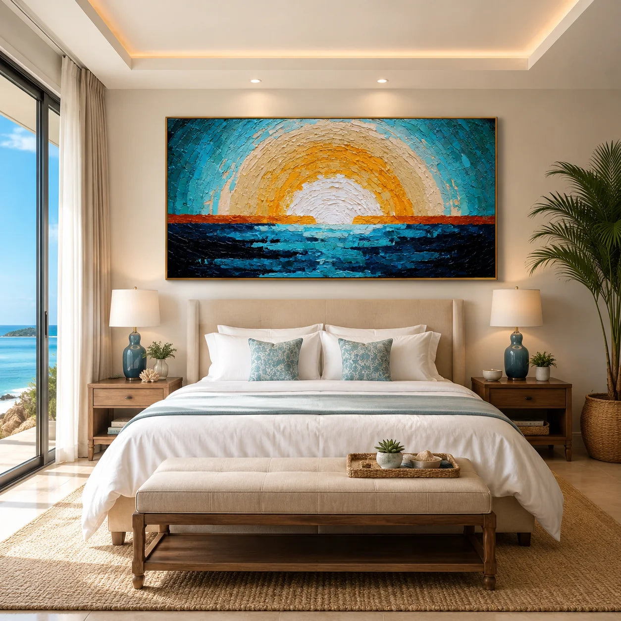 Ownanart Original Hand-Painted Abstract Ocean Sunrise Oil Painting, Large Horizontal Blue and Gold Textured Impasto Canvas Wall Art for Modern Living Room and Coastal Home Decor # OA 1237