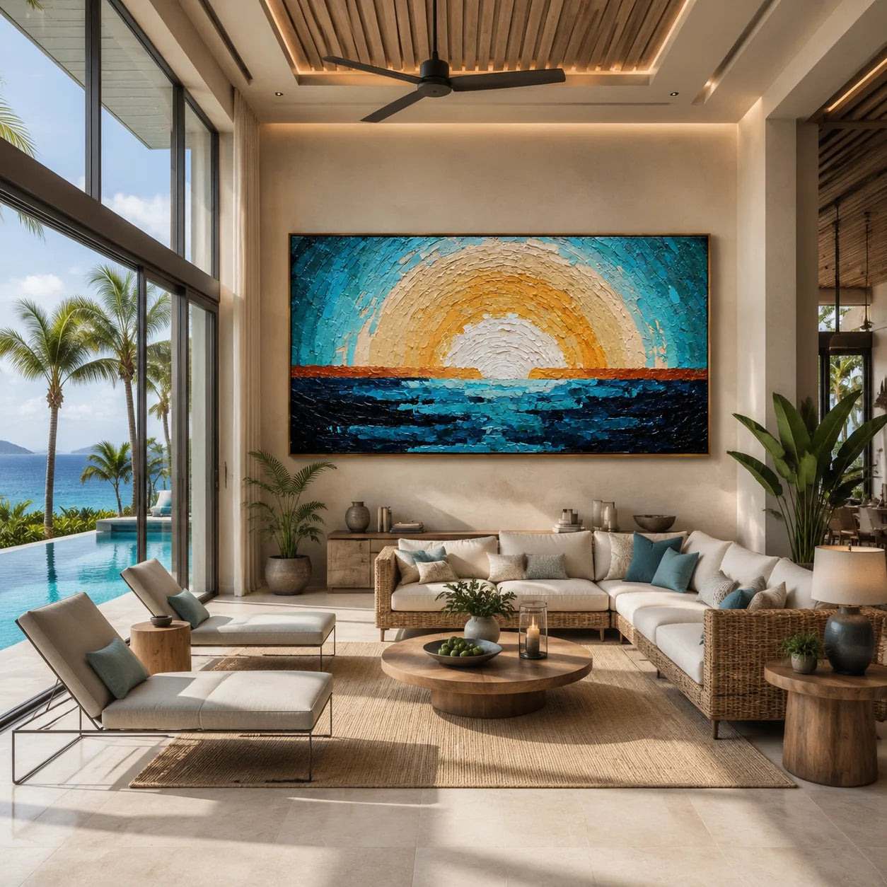 Ownanart Original Hand-Painted Abstract Ocean Sunrise Oil Painting, Large Horizontal Blue and Gold Textured Impasto Canvas Wall Art for Modern Living Room and Coastal Home Decor # OA 1237