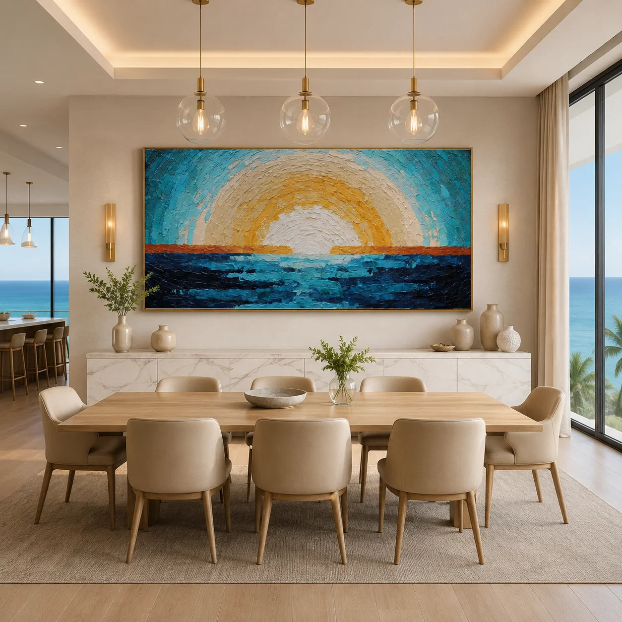 Ownanart Original Hand-Painted Abstract Ocean Sunrise Oil Painting, Large Horizontal Blue and Gold Textured Impasto Canvas Wall Art for Modern Living Room and Coastal Home Decor # OA 1237