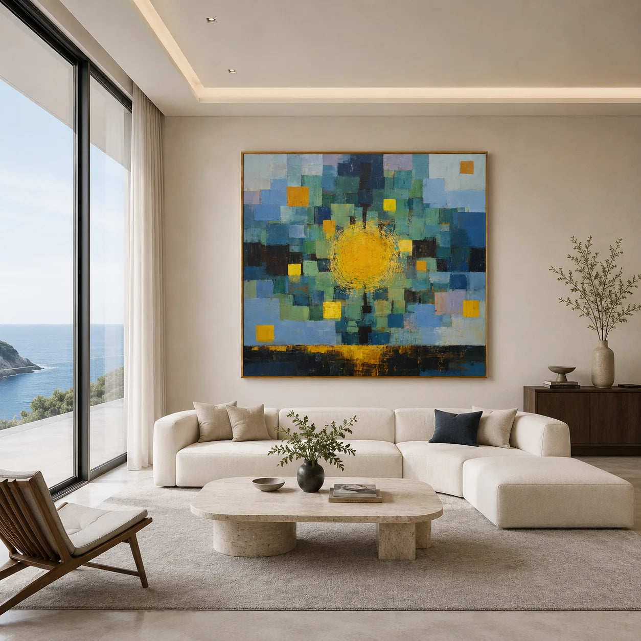 Ownanart Original Hand-Painted Abstract Sunrise Geometric Oil Painting, Blue Green Color Block and Golden Sun Reflection Modern Wall Art for Living Room, Bedroom, and Office Decor  # OA 1268