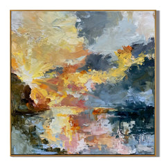 Ownanart Original Hand-Painted Abstract Sunset Lake Oil Painting, Impasto Sky and Reflective Waters Landscape Wall Art for Modern Living Room and Bedroom Decor  # OA 1254