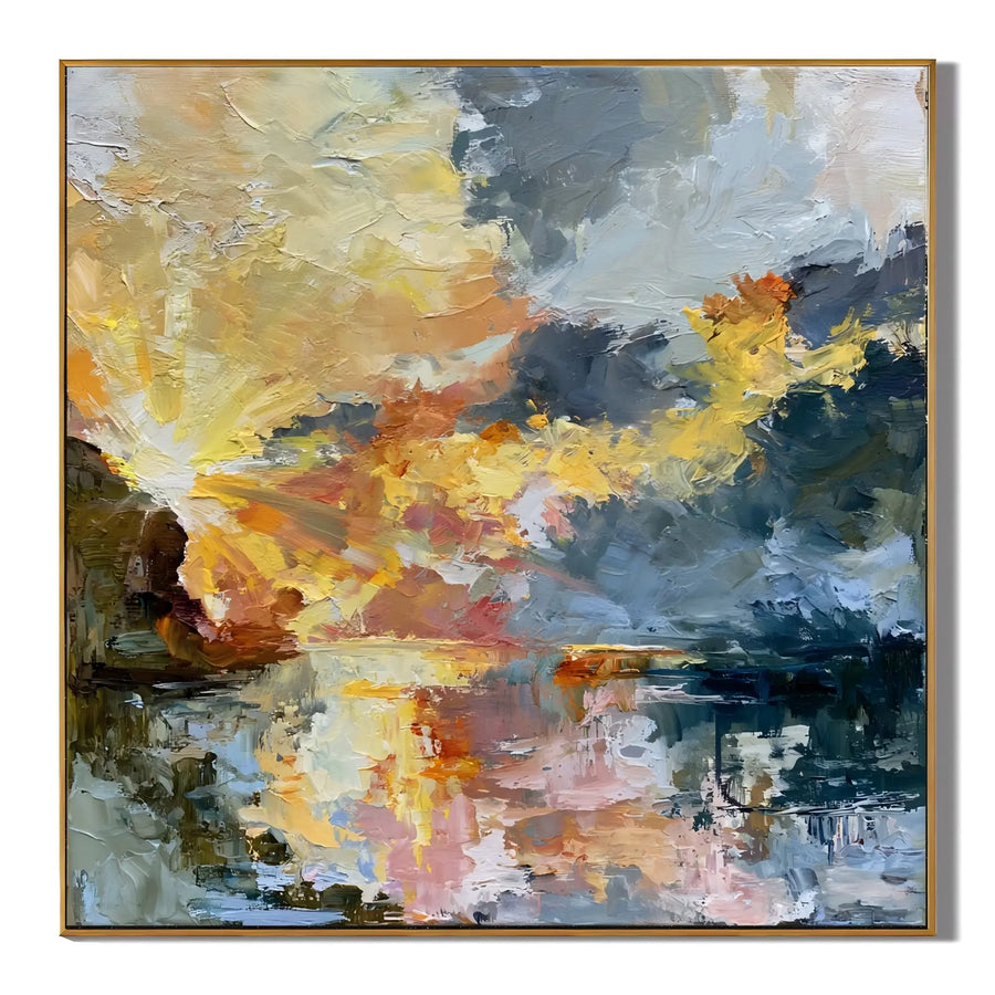 Ownanart Original Hand-Painted Abstract Sunset Lake Oil Painting, Impasto Sky and Reflective Waters Landscape Wall Art for Modern Living Room and Bedroom Decor  # OA 1254
