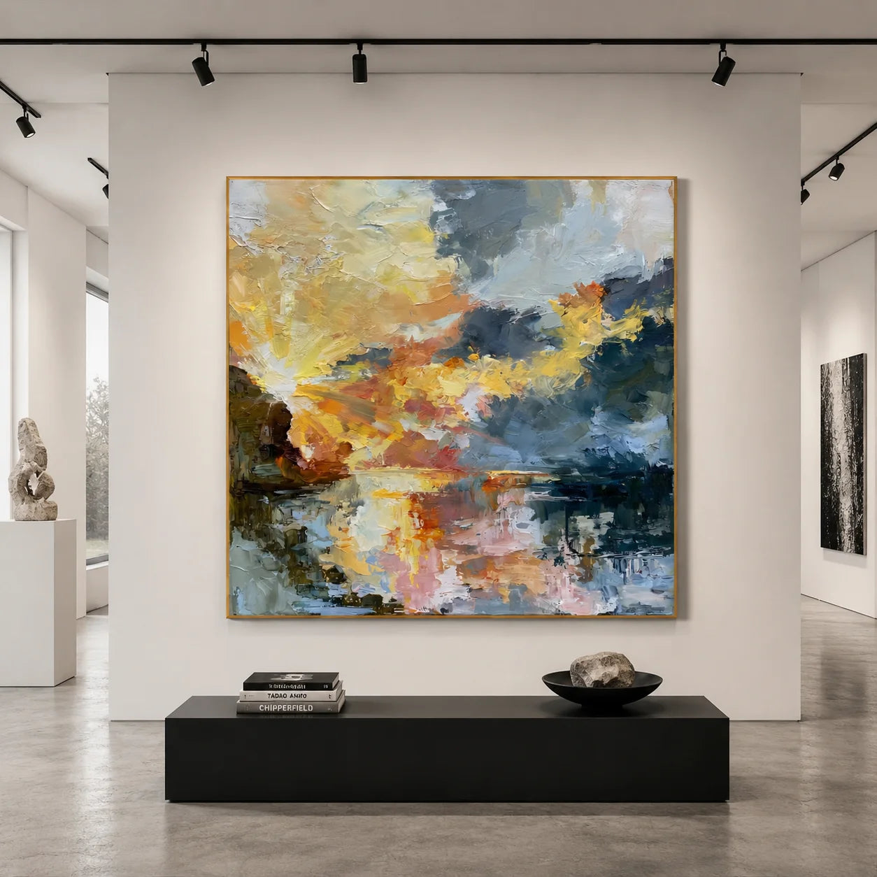 Ownanart Original Hand-Painted Abstract Sunset Lake Oil Painting, Impasto Sky and Reflective Waters Landscape Wall Art for Modern Living Room and Bedroom Decor  # OA 1254