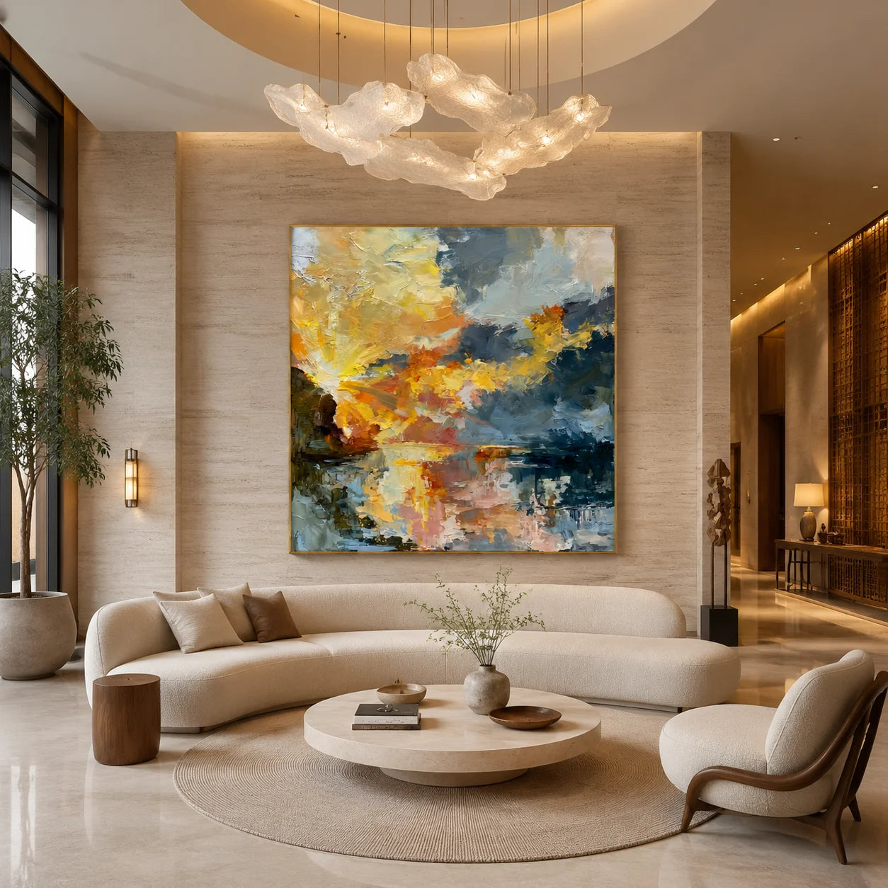 Ownanart Original Hand-Painted Abstract Sunset Lake Oil Painting, Impasto Sky and Reflective Waters Landscape Wall Art for Modern Living Room and Bedroom Decor  # OA 1254