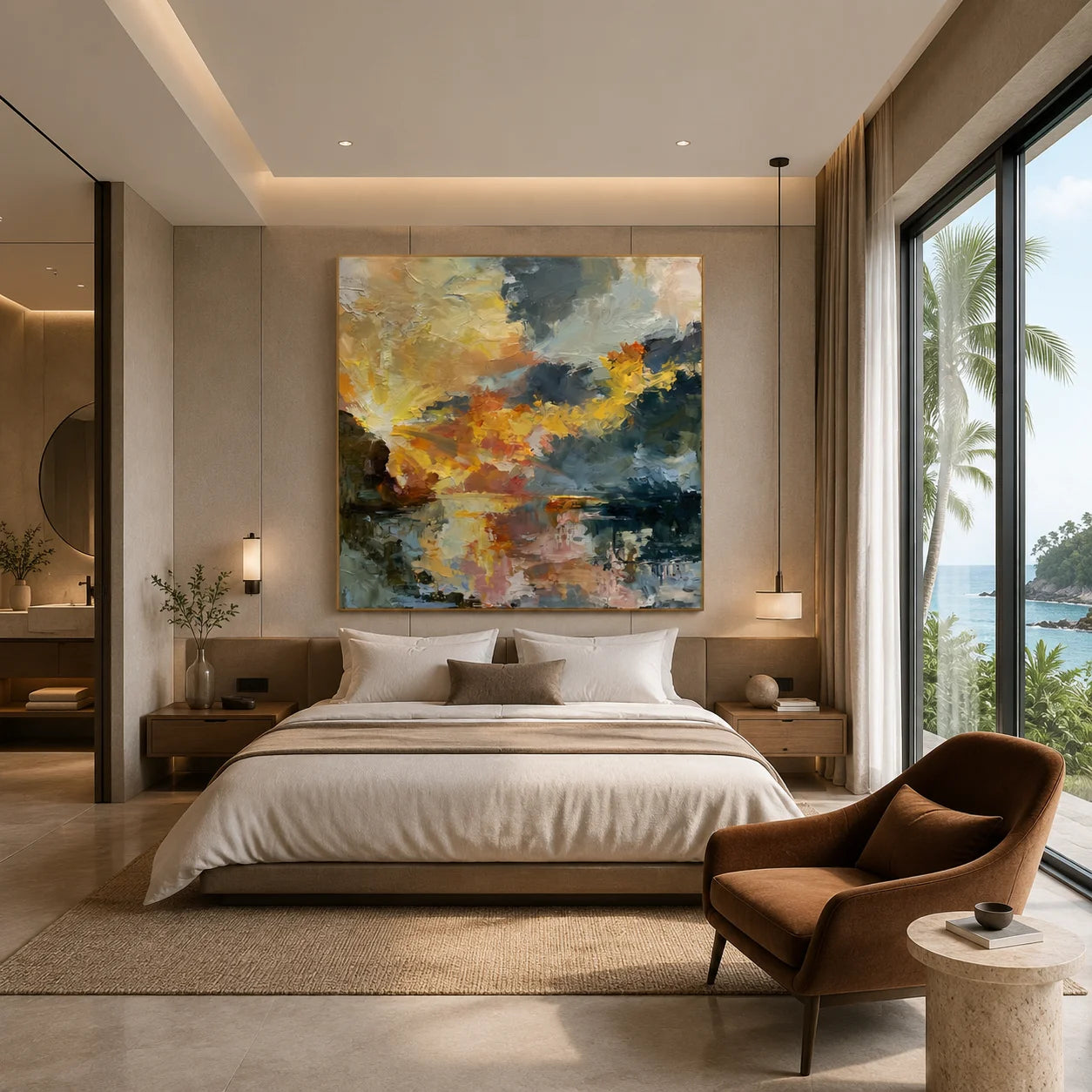 Ownanart Original Hand-Painted Abstract Sunset Lake Oil Painting, Impasto Sky and Reflective Waters Landscape Wall Art for Modern Living Room and Bedroom Decor  # OA 1254