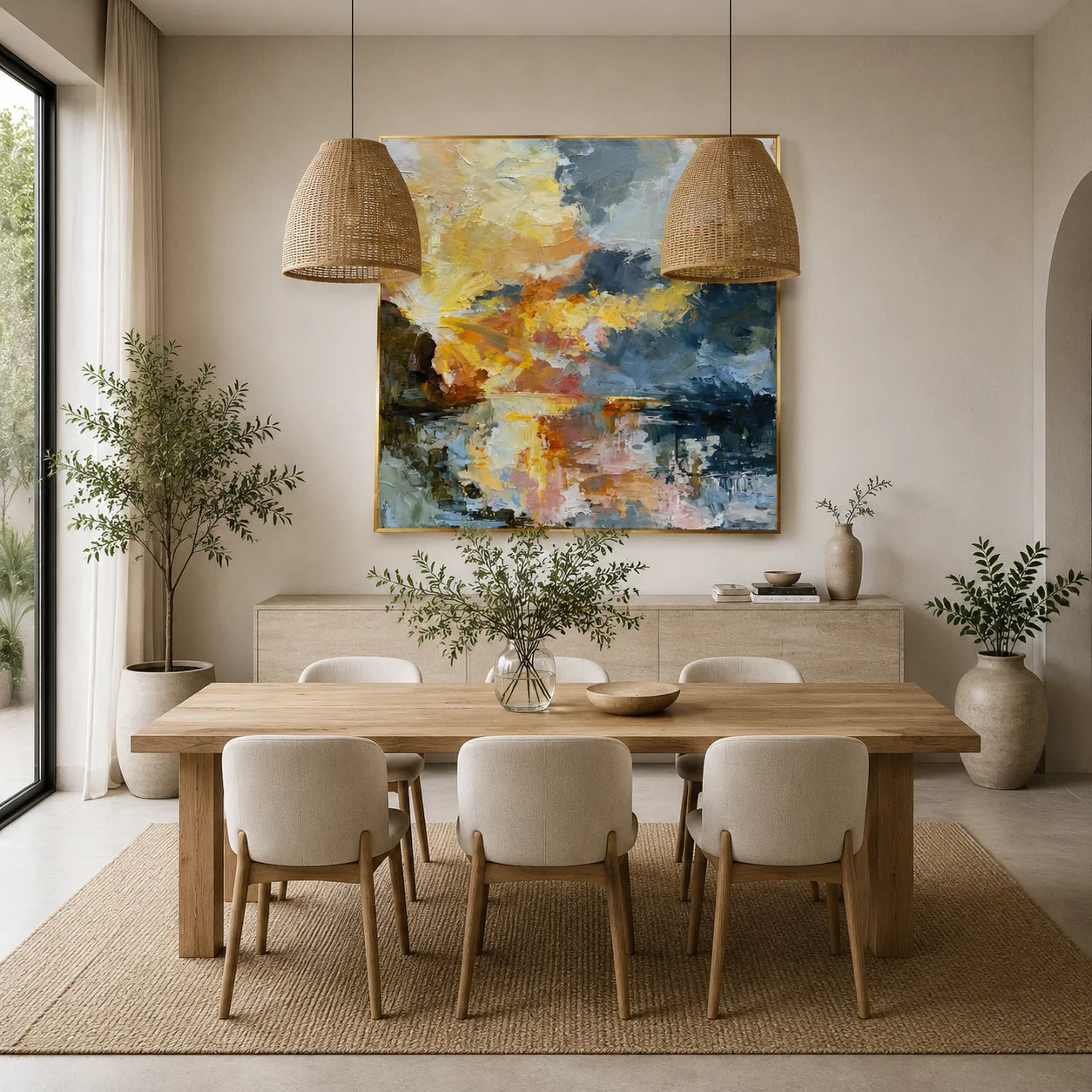 Ownanart Original Hand-Painted Abstract Sunset Lake Oil Painting, Impasto Sky and Reflective Waters Landscape Wall Art for Modern Living Room and Bedroom Decor  # OA 1254