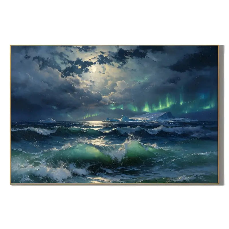 Ownanart Original Hand-Painted Aurora Ocean Oil Painting, Moonlit Arctic Seascape with Waves and Icebergs, Dramatic Coastal Wall Art for Living Room # OA 1370