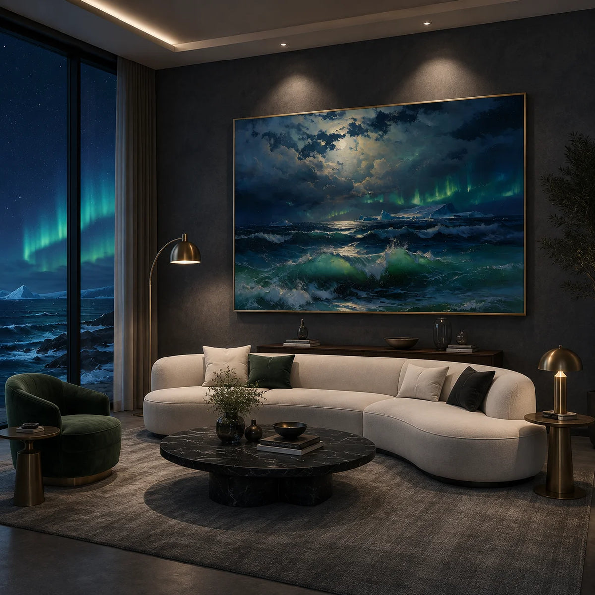 Ownanart Original Hand-Painted Aurora Ocean Oil Painting, Moonlit Arctic Seascape with Waves and Icebergs, Dramatic Coastal Wall Art for Living Room # OA 1370