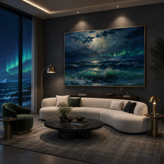 Aurora Ocean Oil Painting – Moonlit Arctic Seascape with Waves and Icebergs, Dramatic Coastal Wall Art #OA 1370