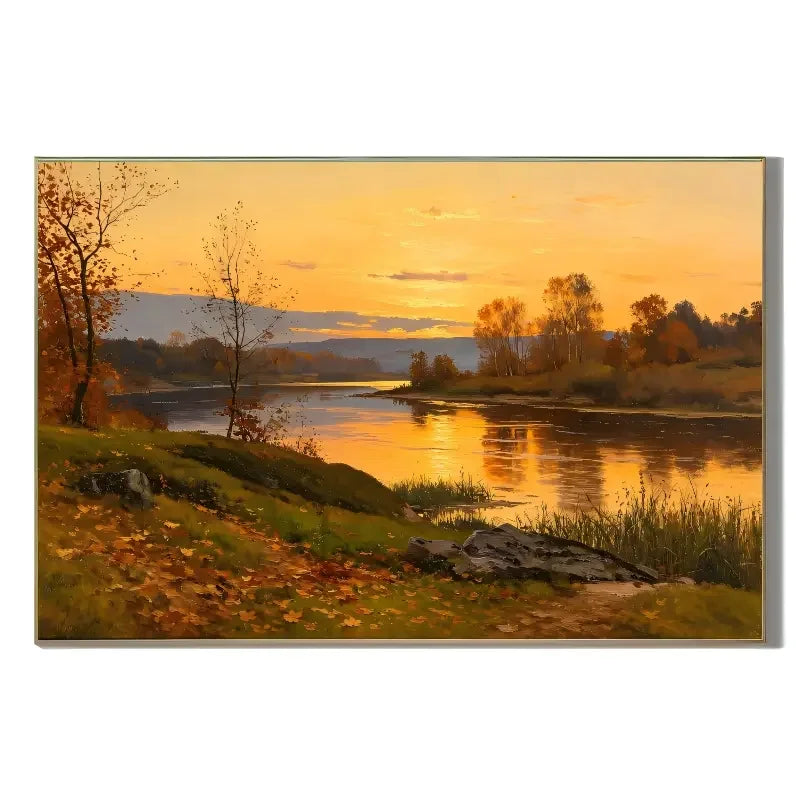 Ownanart Original Hand-Painted Autumn River Landscape Oil Painting, Golden Sunset, Forest Reflections and Warm Fall Scenery Canvas Wall Art for Living Room, Bedroom and Luxury Home Decor # OA 1362