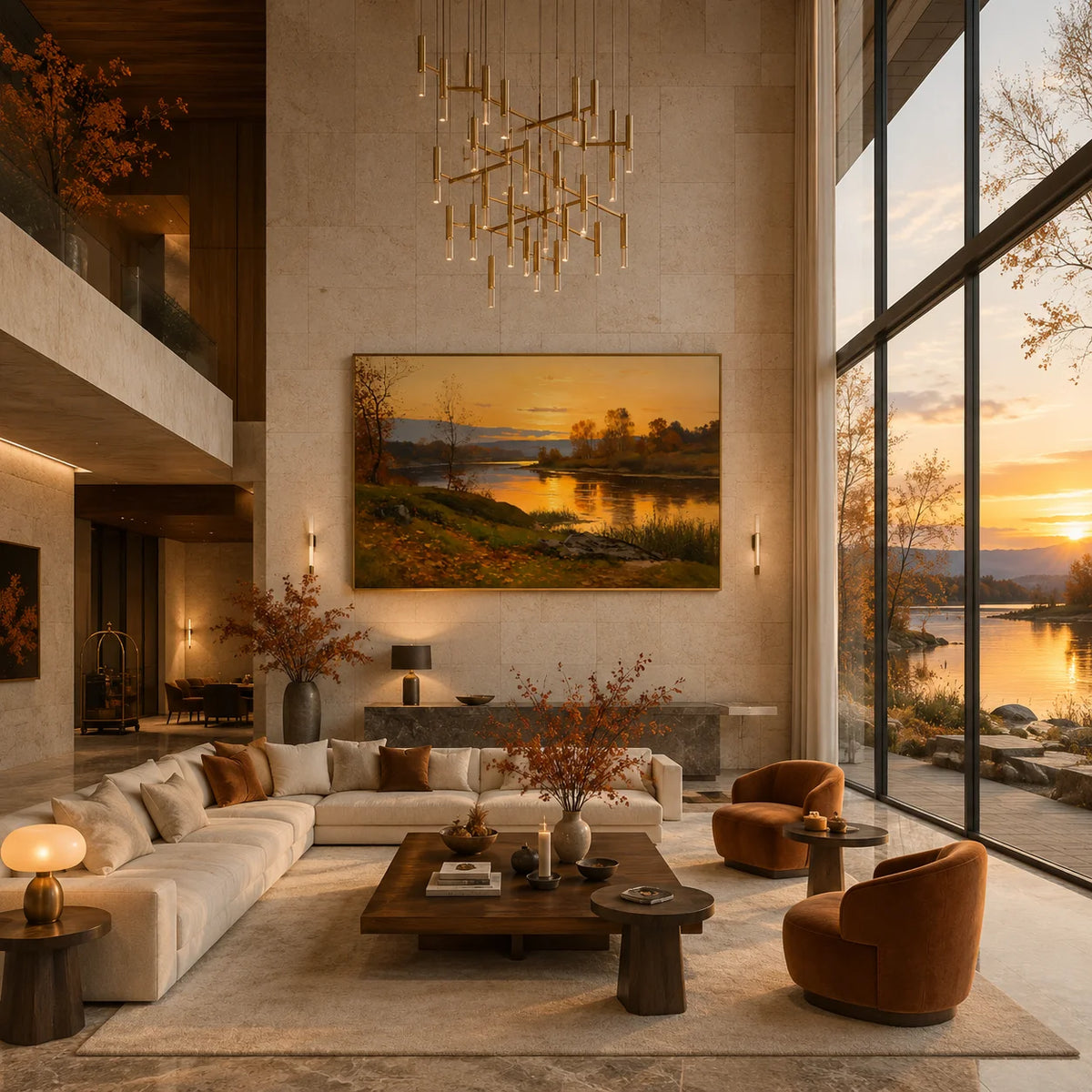 Ownanart Original Hand-Painted Autumn River Landscape Oil Painting, Golden Sunset, Forest Reflections and Warm Fall Scenery Canvas Wall Art for Living Room, Bedroom and Luxury Home Decor # OA 1362