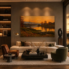 Autumn River Landscape Oil Painting – Golden Sunset, Forest Reflections and Warm Fall Scenery Canvas Wall Art #OA 1362