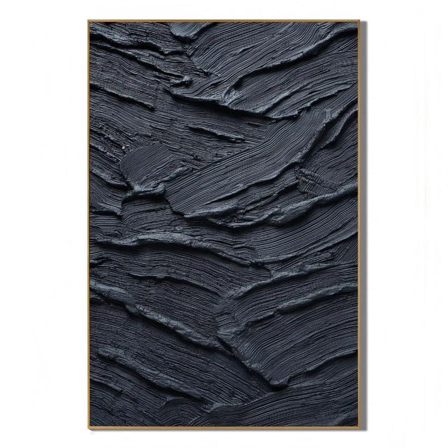 Ownanart Original Hand-Painted Black Geological Strata Textured Oil Painting, Vertical Monochrome Impasto Abstract Canvas Wall Art for Modern Living Room and Luxury Interior Decor # OA 1224