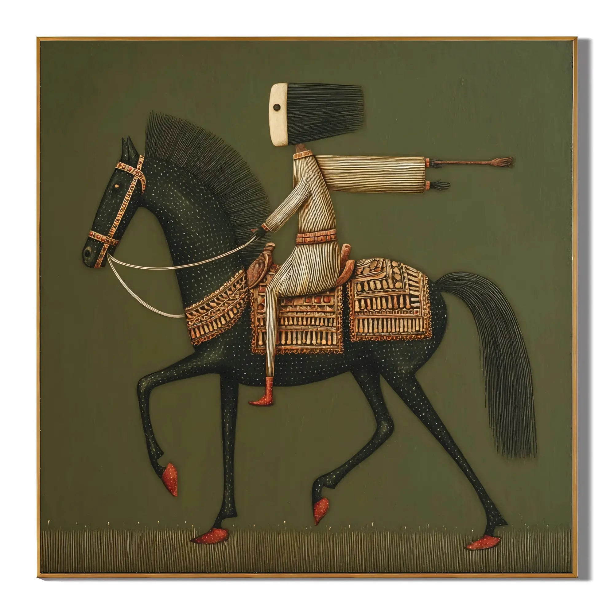 Ownanart Original Hand-Painted Black Horse and Rider Folk Art Oil Painting, Vintage Equestrian Wall Art with Olive Green Background for Living Room and Office Decor  # OA 1265