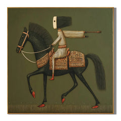 Ownanart Original Hand-Painted Black Horse and Rider Folk Art Oil Painting, Vintage Equestrian Wall Art with Olive Green Background for Living Room and Office Decor  # OA 1265