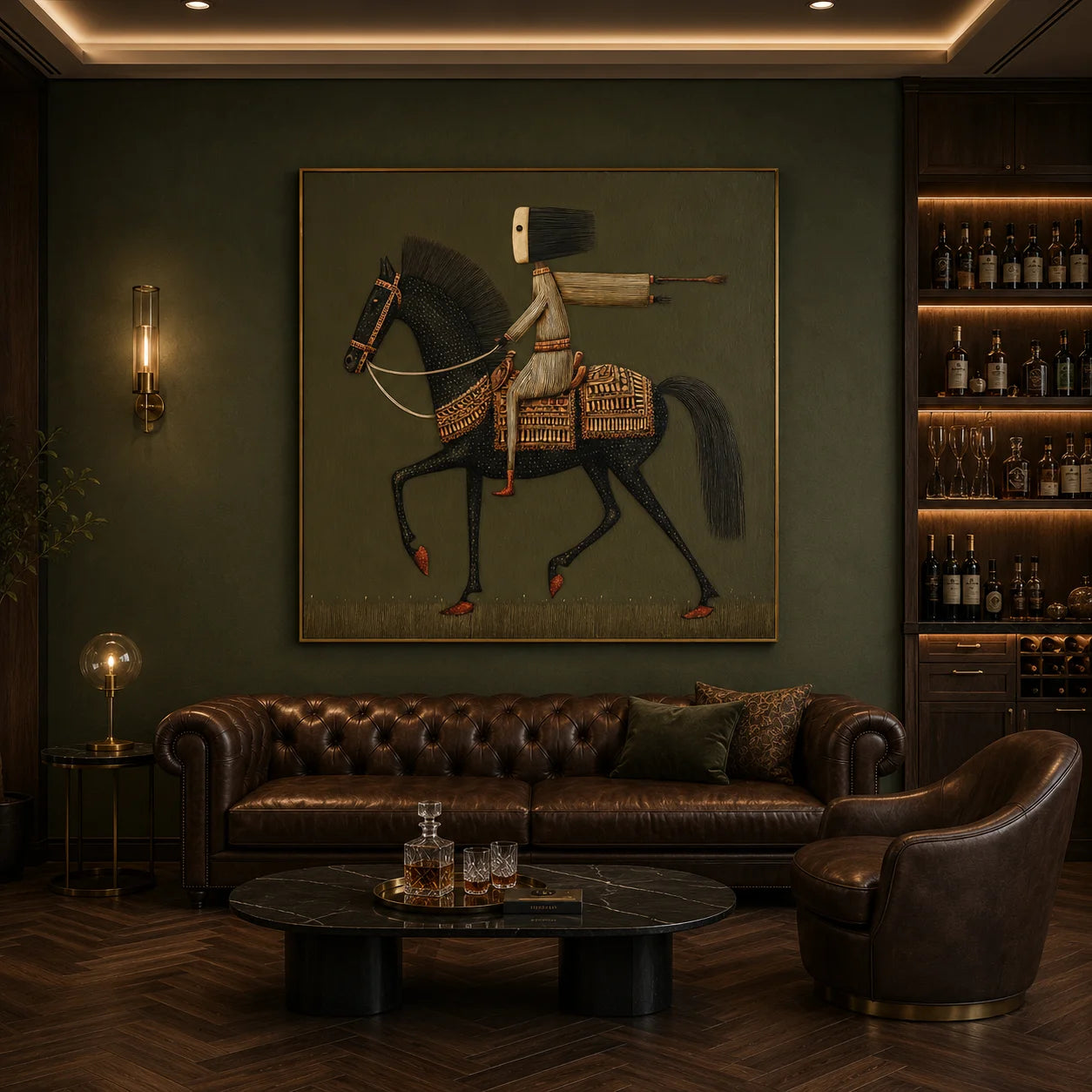 Ownanart Original Hand-Painted Black Horse and Rider Folk Art Oil Painting, Vintage Equestrian Wall Art with Olive Green Background for Living Room and Office Decor  # OA 1265
