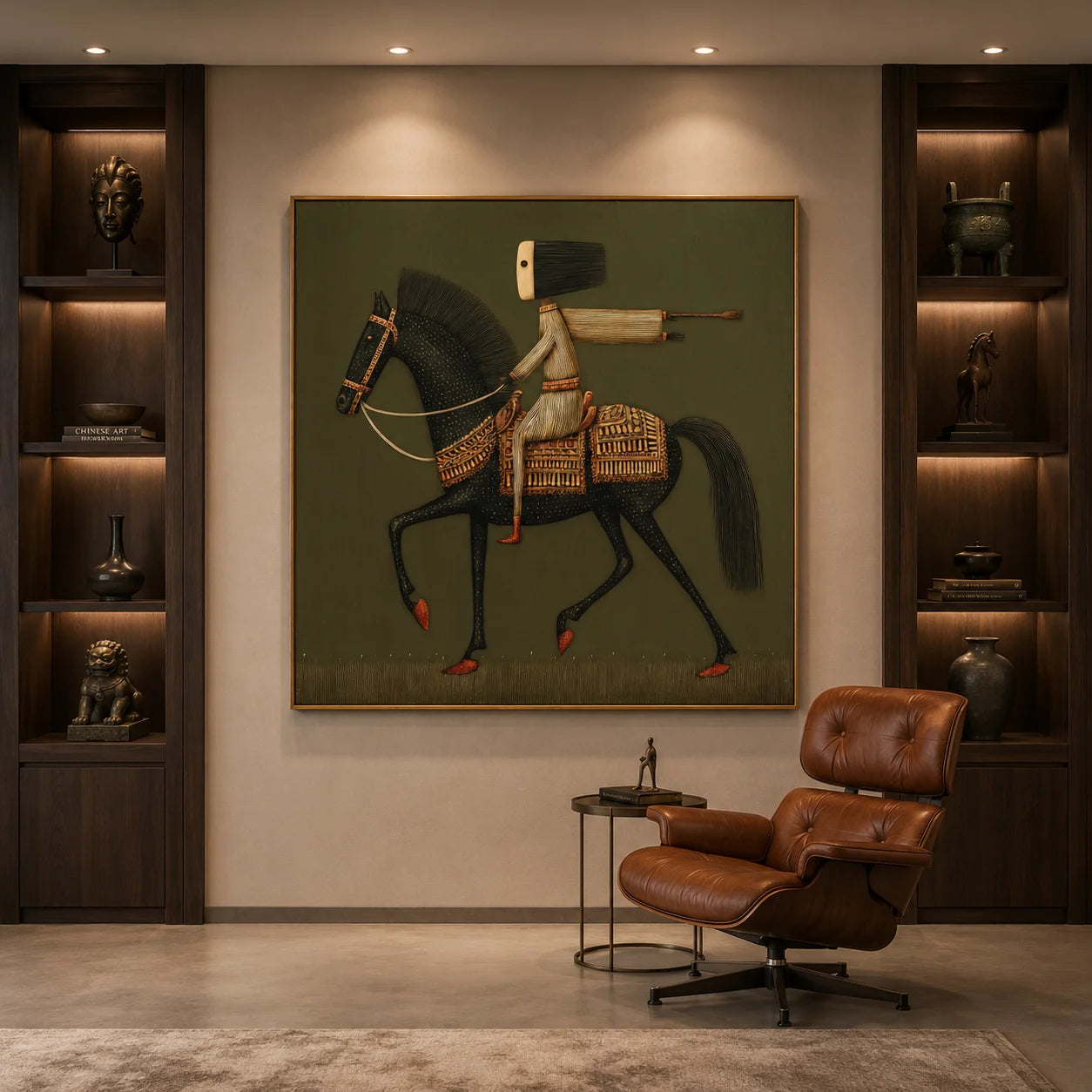 Ownanart Original Hand-Painted Black Horse and Rider Folk Art Oil Painting, Vintage Equestrian Wall Art with Olive Green Background for Living Room and Office Decor  # OA 1265