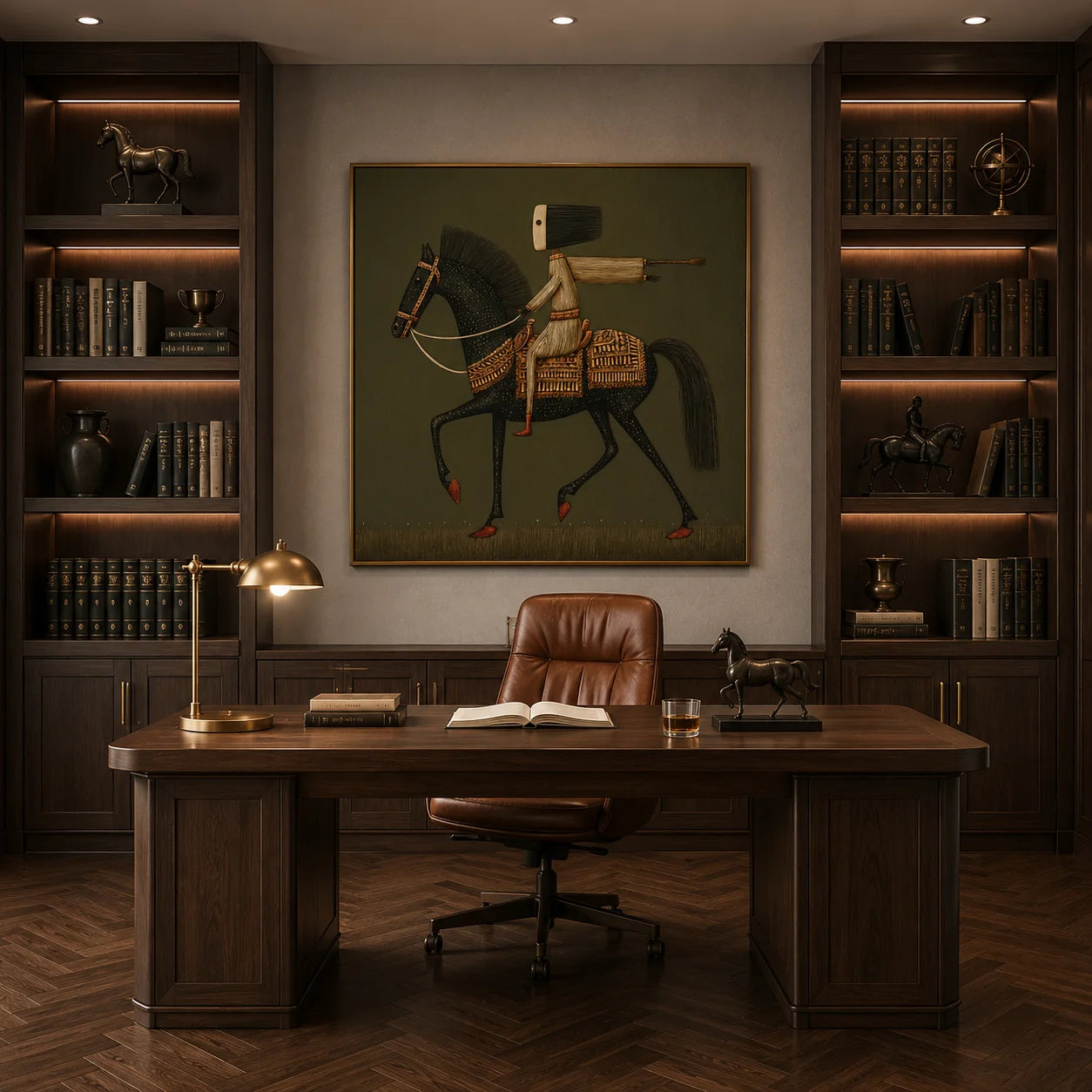 Ownanart Original Hand-Painted Black Horse and Rider Folk Art Oil Painting, Vintage Equestrian Wall Art with Olive Green Background for Living Room and Office Decor  # OA 1265