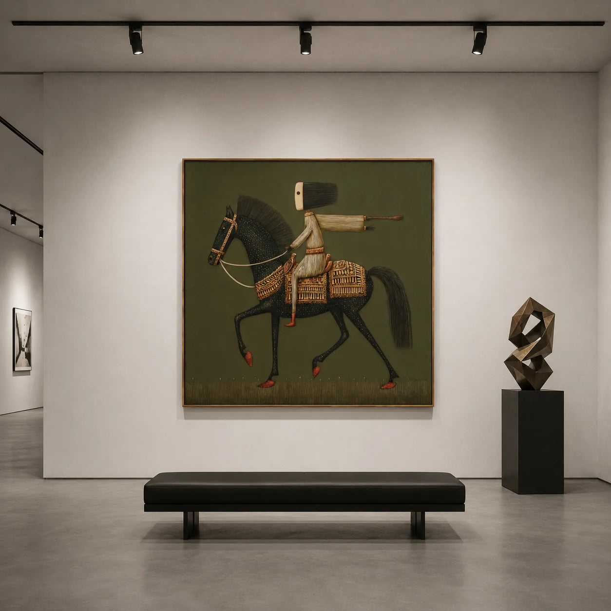 Ownanart Original Hand-Painted Black Horse and Rider Folk Art Oil Painting, Vintage Equestrian Wall Art with Olive Green Background for Living Room and Office Decor  # OA 1265