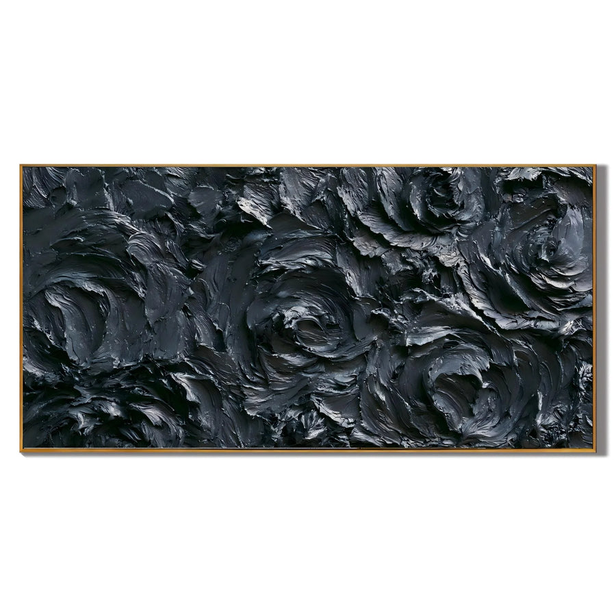Ownanart Original Hand-Painted Black Rose Textured Oil Painting, Large Horizontal Monochrome Floral Impasto Canvas Wall Art for Modern Living Room, Bedroom and Luxury Interior Decor # OA 1232