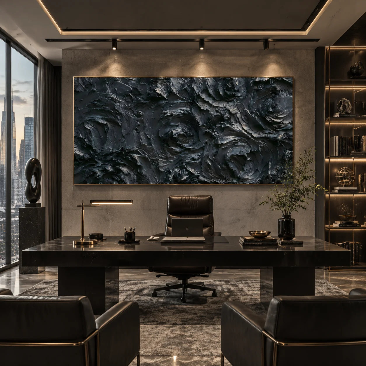 Ownanart Original Hand-Painted Black Rose Textured Oil Painting, Large Horizontal Monochrome Floral Impasto Canvas Wall Art for Modern Living Room, Bedroom and Luxury Interior Decor # OA 1232