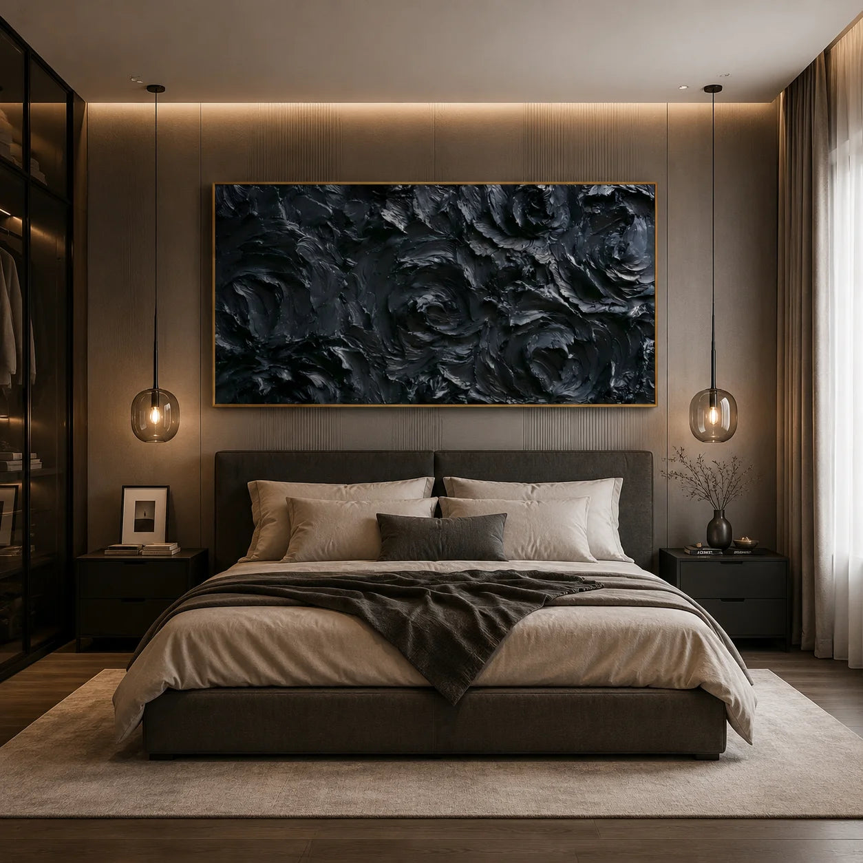Ownanart Original Hand-Painted Black Rose Textured Oil Painting, Large Horizontal Monochrome Floral Impasto Canvas Wall Art for Modern Living Room, Bedroom and Luxury Interior Decor # OA 1232