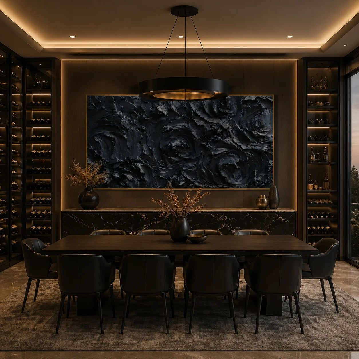 Ownanart Original Hand-Painted Black Rose Textured Oil Painting, Large Horizontal Monochrome Floral Impasto Canvas Wall Art for Modern Living Room, Bedroom and Luxury Interior Decor # OA 1232