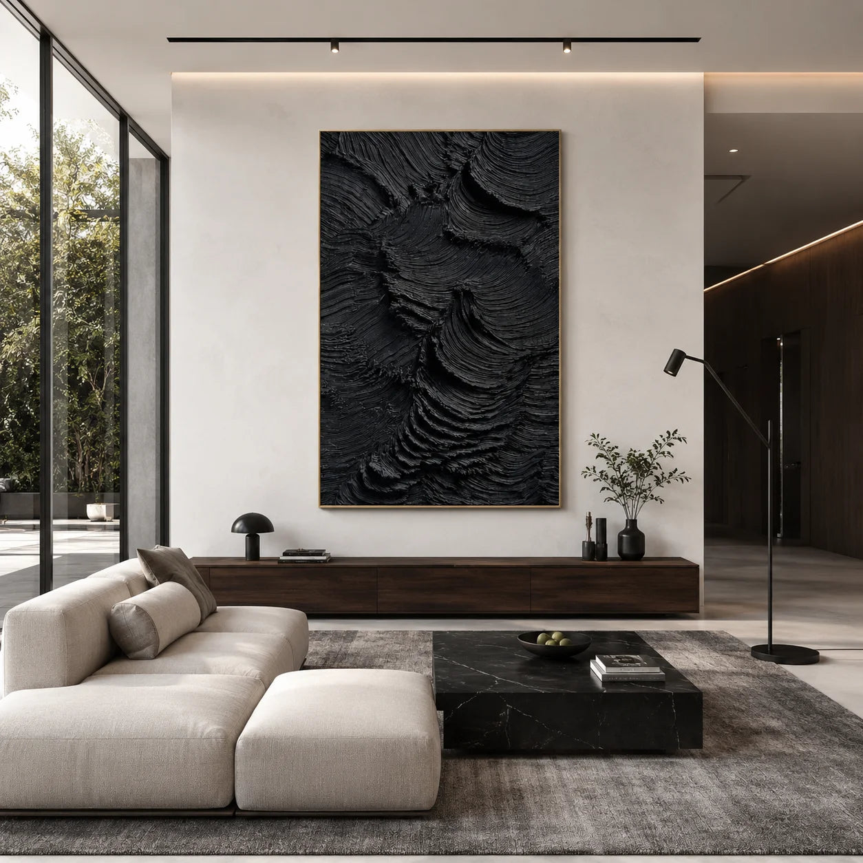 Ownanart Original Hand-Painted Black Textured Abstract Oil Painting, Vertical Monochrome Impasto Canvas Wall Art for Modern Living Room, Bedroom and Luxury Interior Decor # OA 1223