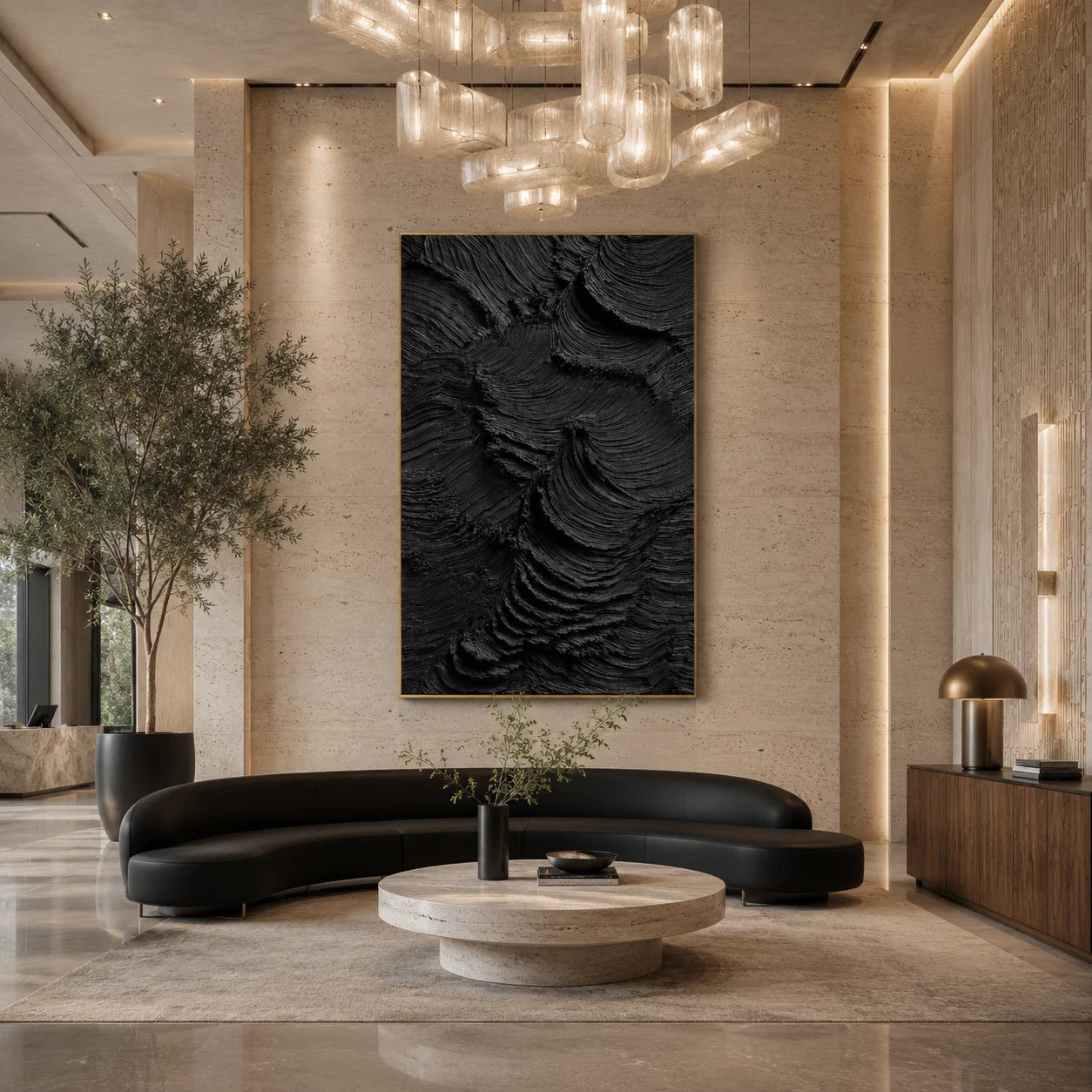 Ownanart Original Hand-Painted Black Textured Abstract Oil Painting, Vertical Monochrome Impasto Canvas Wall Art for Modern Living Room, Bedroom and Luxury Interior Decor # OA 1223