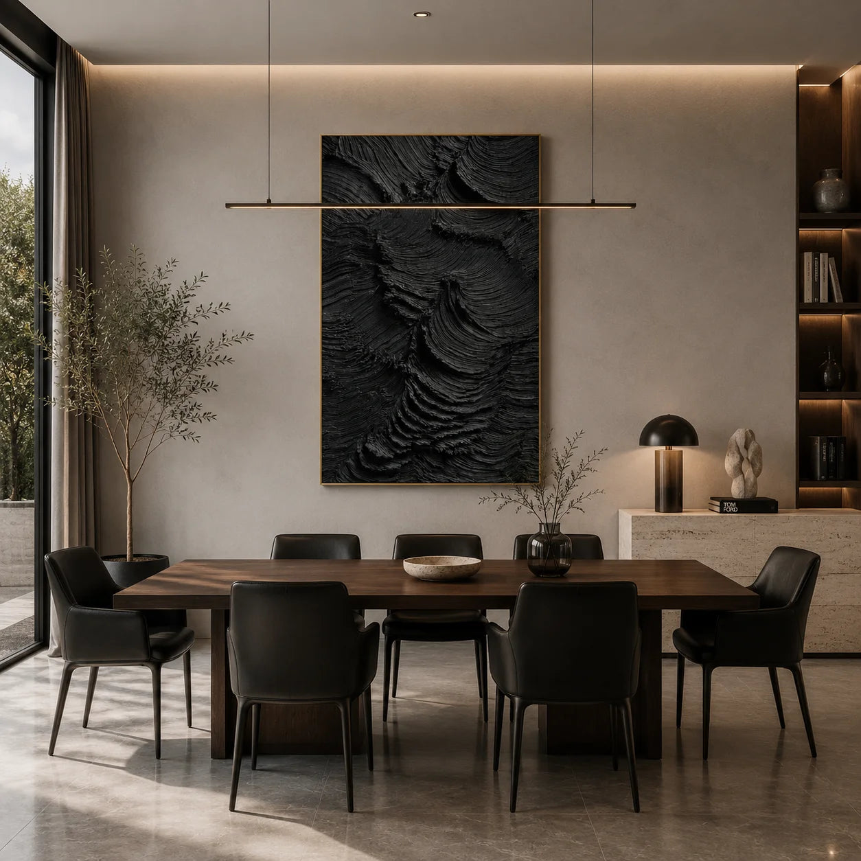Ownanart Original Hand-Painted Black Textured Abstract Oil Painting, Vertical Monochrome Impasto Canvas Wall Art for Modern Living Room, Bedroom and Luxury Interior Decor # OA 1223