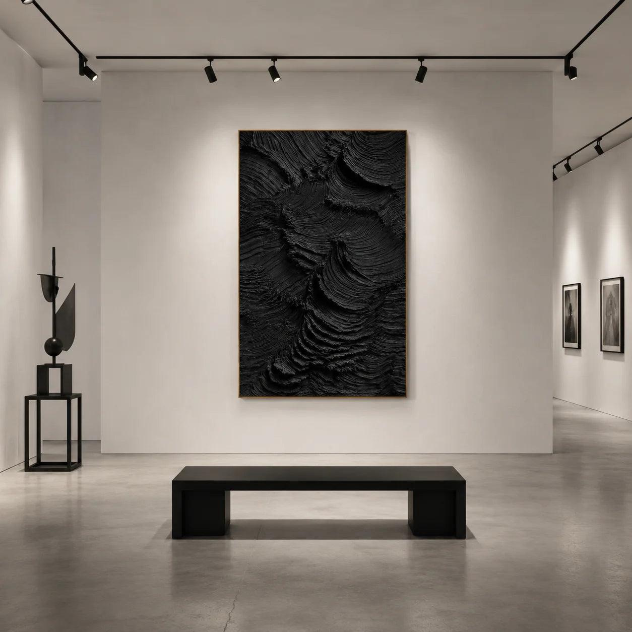 Ownanart Original Hand-Painted Black Textured Abstract Oil Painting, Vertical Monochrome Impasto Canvas Wall Art for Modern Living Room, Bedroom and Luxury Interior Decor # OA 1223