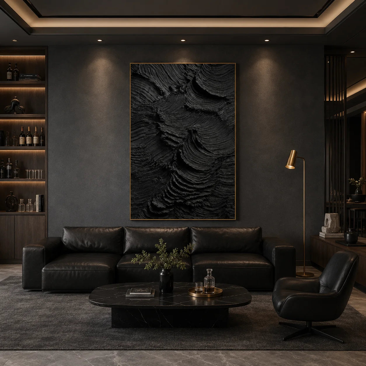 Ownanart Original Hand-Painted Black Textured Abstract Oil Painting, Vertical Monochrome Impasto Canvas Wall Art for Modern Living Room, Bedroom and Luxury Interior Decor # OA 1223