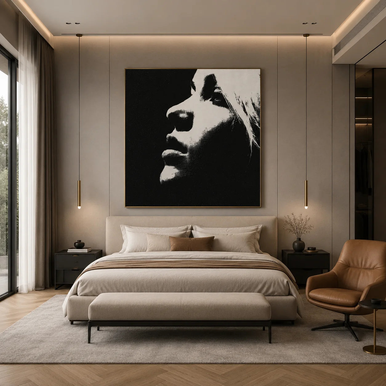 Ownanart Original Hand-Painted Black and White Minimalist Portrait Oil Painting, Modern Abstract Female Side Profile Wall Art for Living Room, Bedroom, and Office Decor  # OA 1266