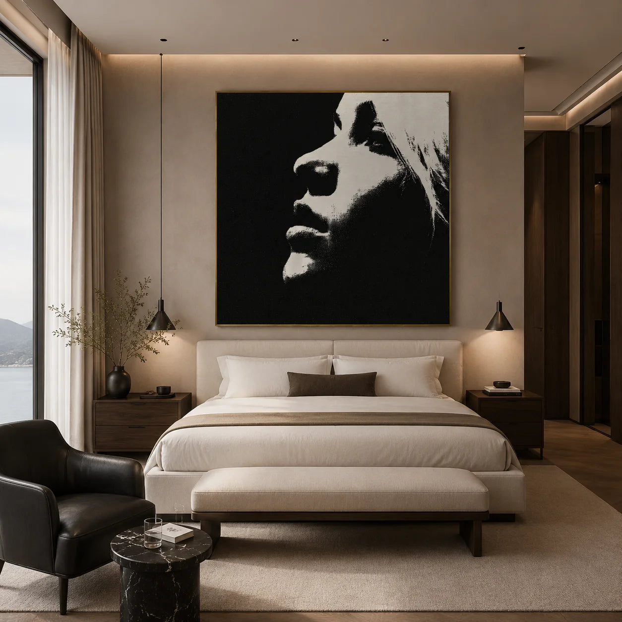 Ownanart Original Hand-Painted Black and White Minimalist Portrait Oil Painting, Modern Abstract Female Side Profile Wall Art for Living Room, Bedroom, and Office Decor  # OA 1266