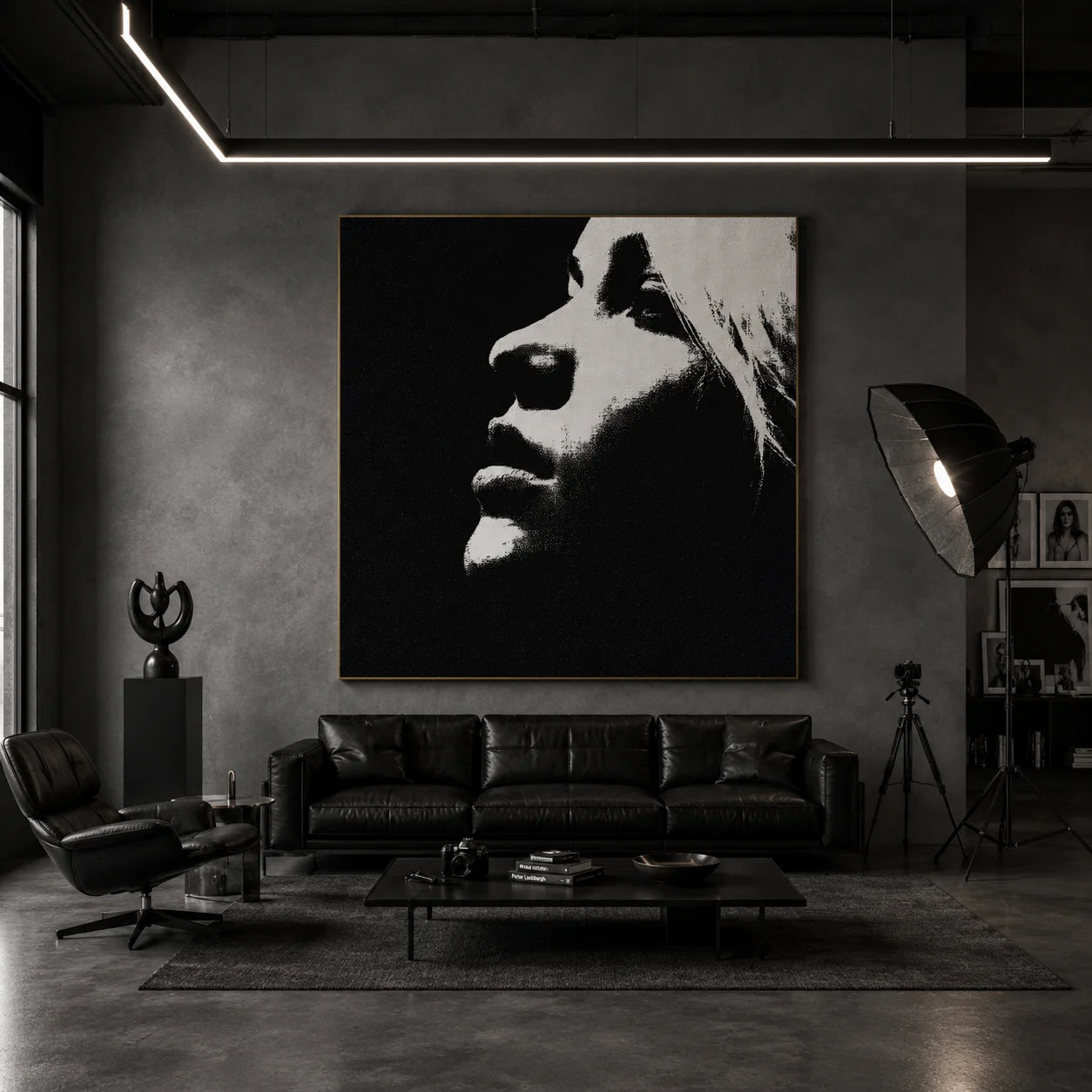 Ownanart Original Hand-Painted Black and White Minimalist Portrait Oil Painting, Modern Abstract Female Side Profile Wall Art for Living Room, Bedroom, and Office Decor  # OA 1266