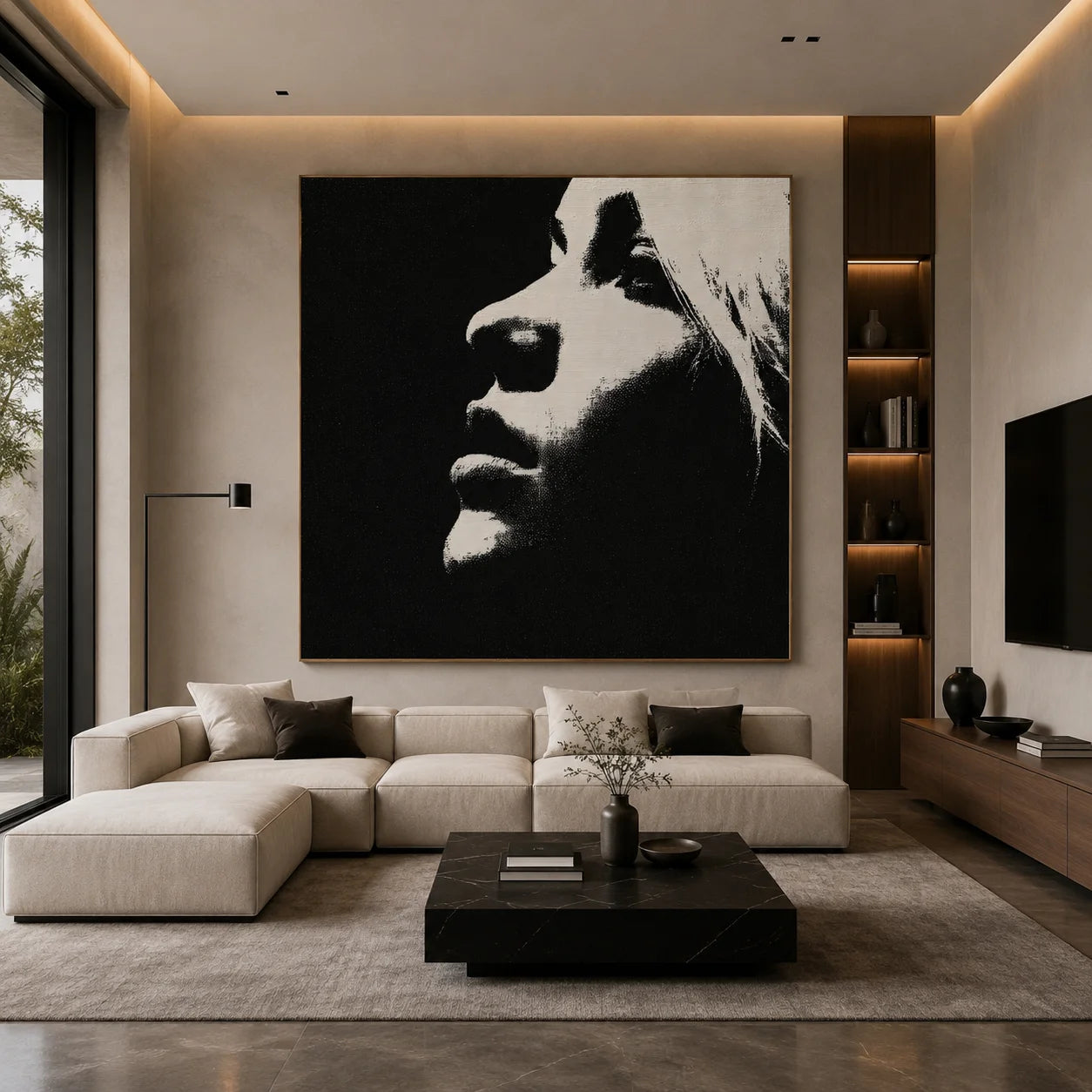 Ownanart Original Hand-Painted Black and White Minimalist Portrait Oil Painting, Modern Abstract Female Side Profile Wall Art for Living Room, Bedroom, and Office Decor  # OA 1266