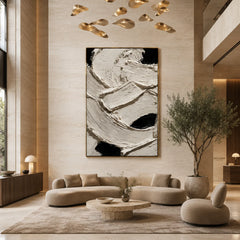 Black and White Textured Abstract Oil Painting – Vertical Minimalist Impasto Canvas Wall Art #OA 1225