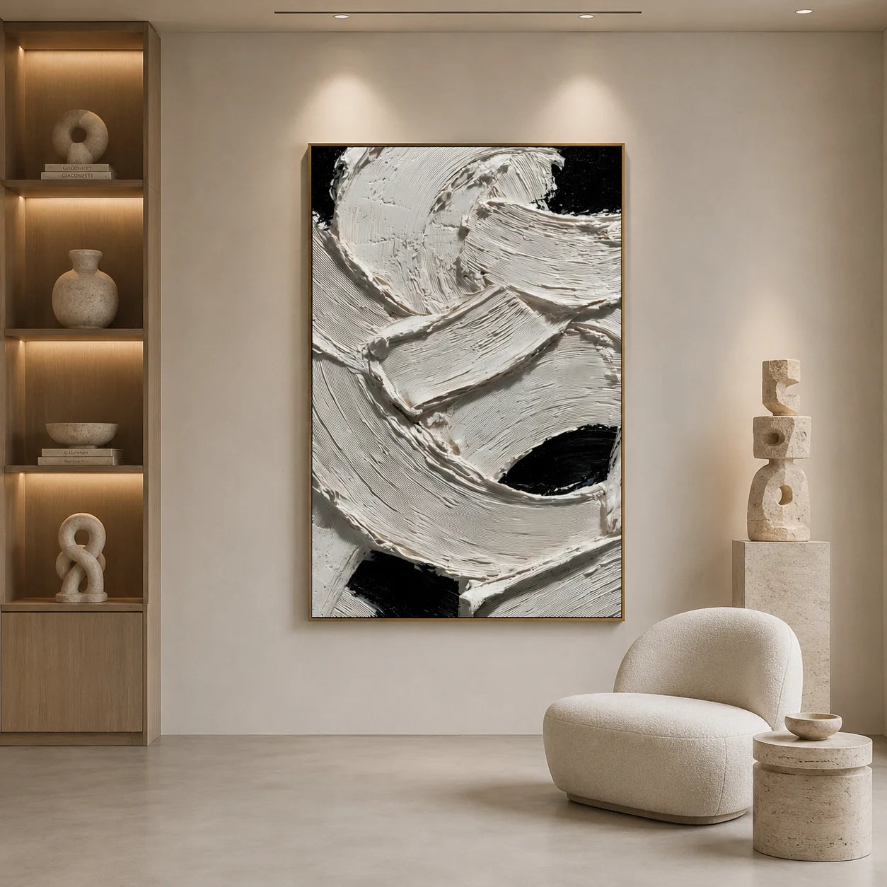 Ownanart Original Hand-Painted Black and White Textured Abstract Oil Painting, Vertical Minimalist Impasto Canvas Wall Art for Modern Living Room, Bedroom and Luxury Interior Decor # OA 1225