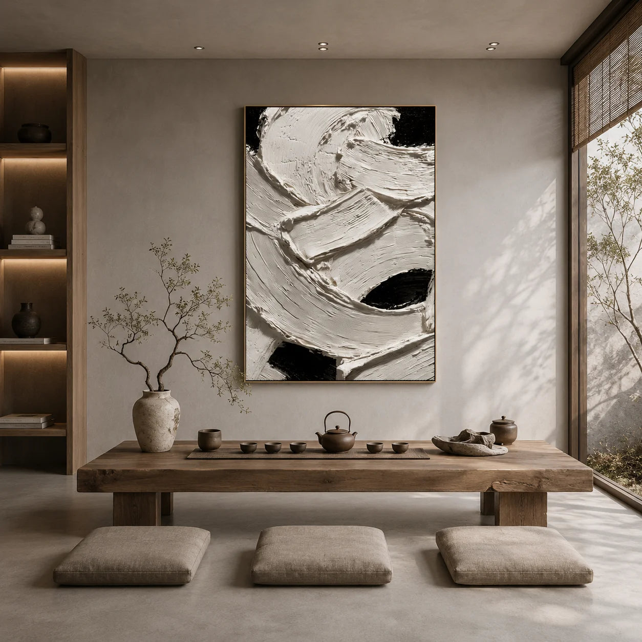 Ownanart Original Hand-Painted Black and White Textured Abstract Oil Painting, Vertical Minimalist Impasto Canvas Wall Art for Modern Living Room, Bedroom and Luxury Interior Decor # OA 1225