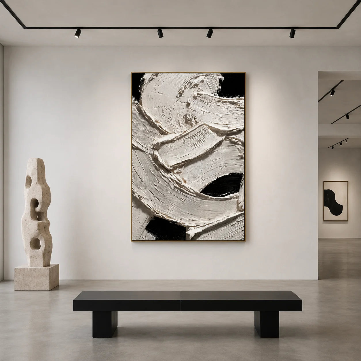 Ownanart Original Hand-Painted Black and White Textured Abstract Oil Painting, Vertical Minimalist Impasto Canvas Wall Art for Modern Living Room, Bedroom and Luxury Interior Decor # OA 1225