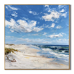 Ownanart Original Hand-Painted Blue Coastal Beach Impasto Oil Painting, Ocean Waves and Cloudy Sky Textured Wall Art for Modern Home Decor  # OA 1252