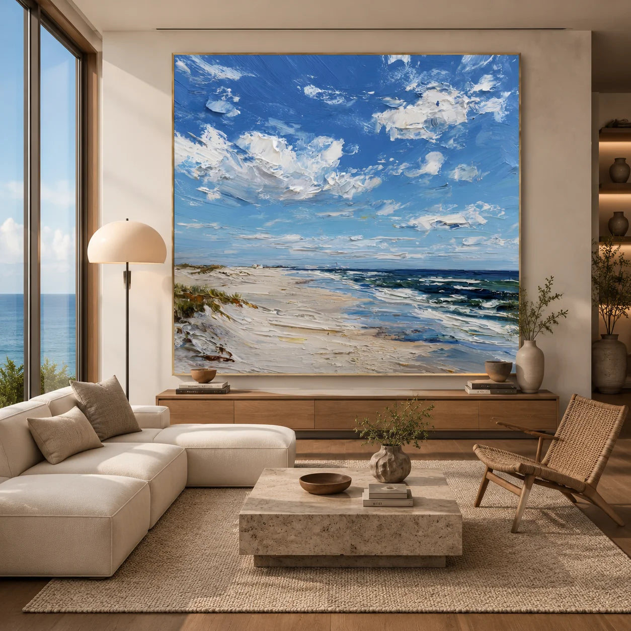 Ownanart Original Hand-Painted Blue Coastal Beach Impasto Oil Painting, Ocean Waves and Cloudy Sky Textured Wall Art for Modern Home Decor  # OA 1252