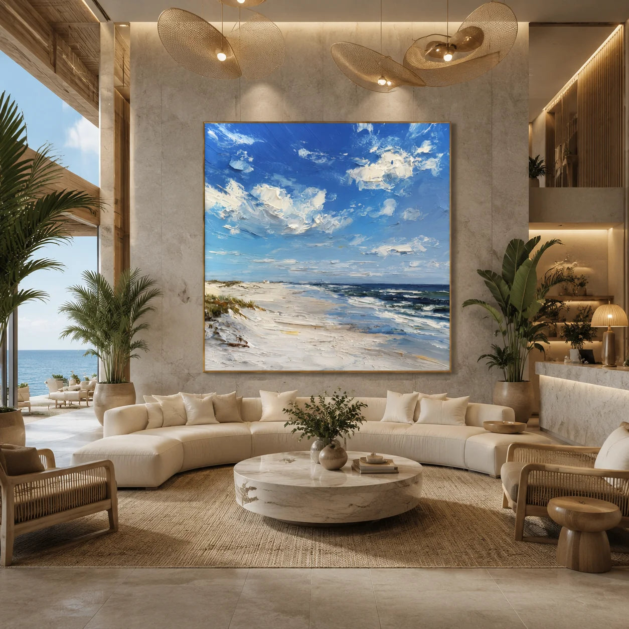 Ownanart Original Hand-Painted Blue Coastal Beach Impasto Oil Painting, Ocean Waves and Cloudy Sky Textured Wall Art for Modern Home Decor  # OA 1252