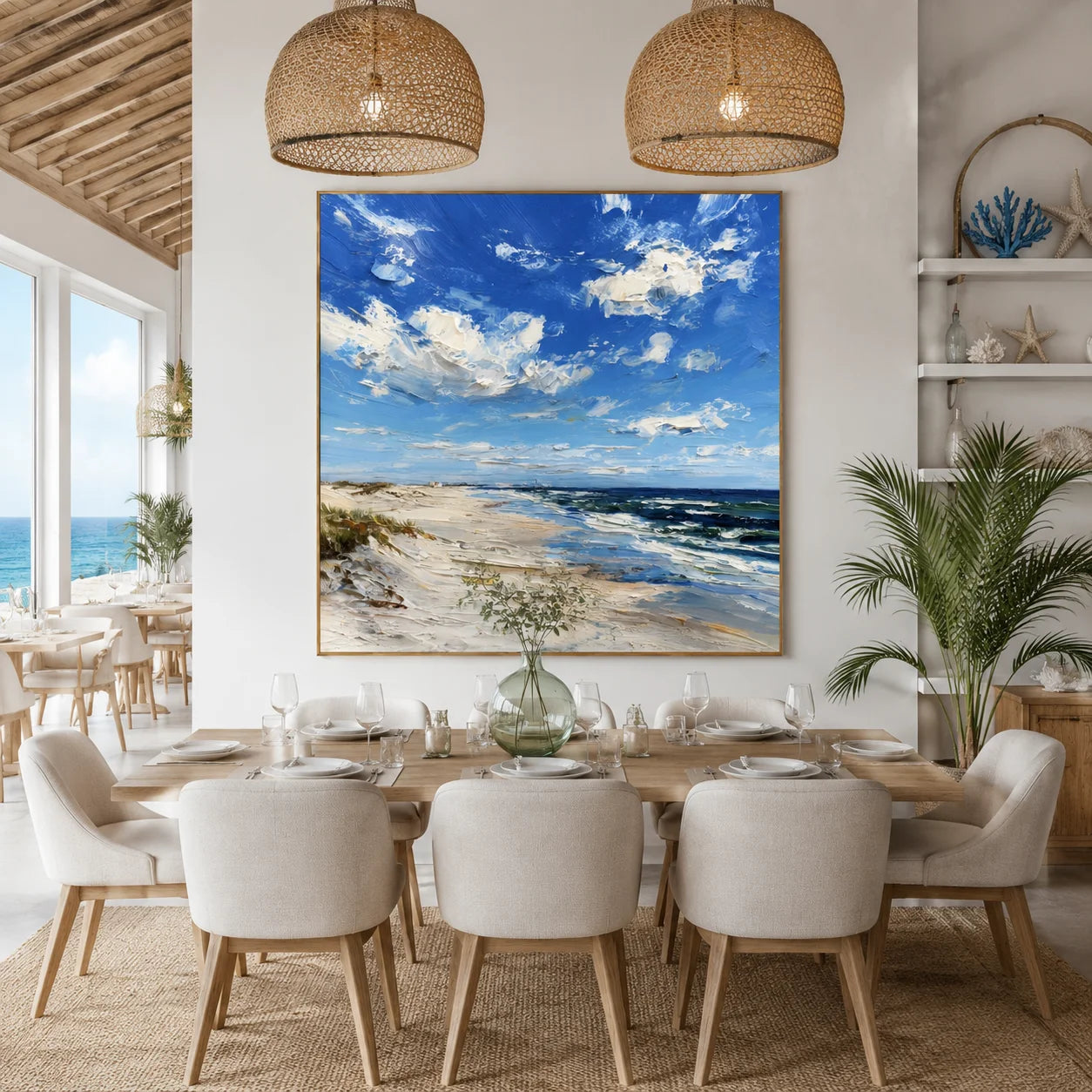 Ownanart Original Hand-Painted Blue Coastal Beach Impasto Oil Painting, Ocean Waves and Cloudy Sky Textured Wall Art for Modern Home Decor  # OA 1252