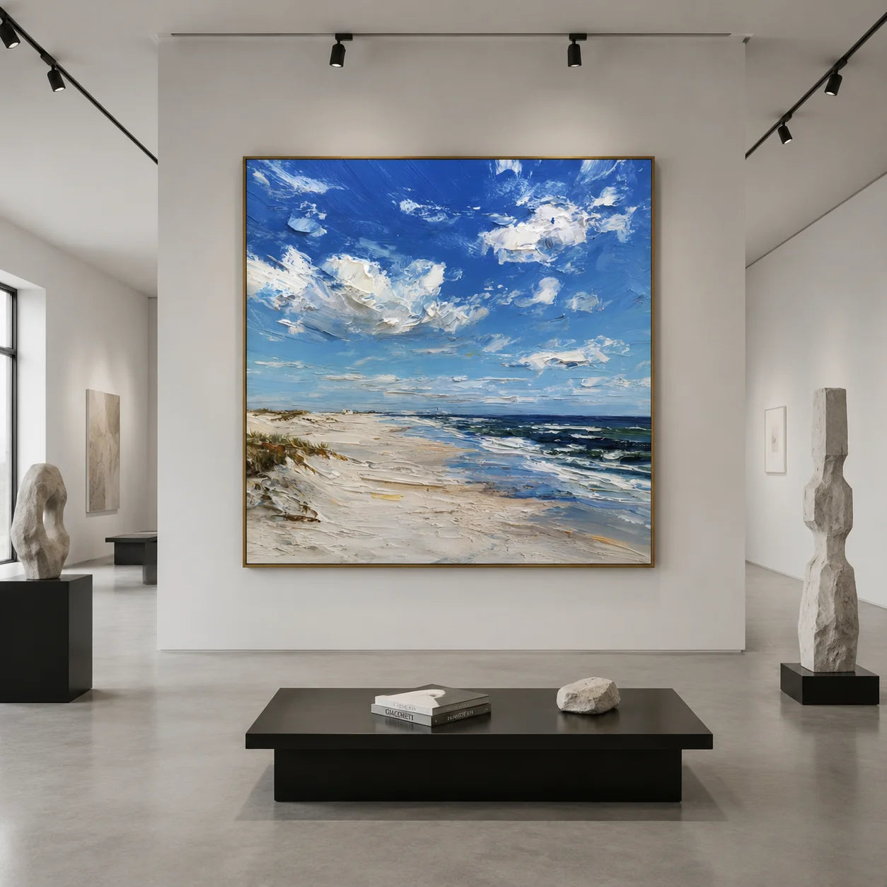 Ownanart Original Hand-Painted Blue Coastal Beach Impasto Oil Painting, Ocean Waves and Cloudy Sky Textured Wall Art for Modern Home Decor  # OA 1252