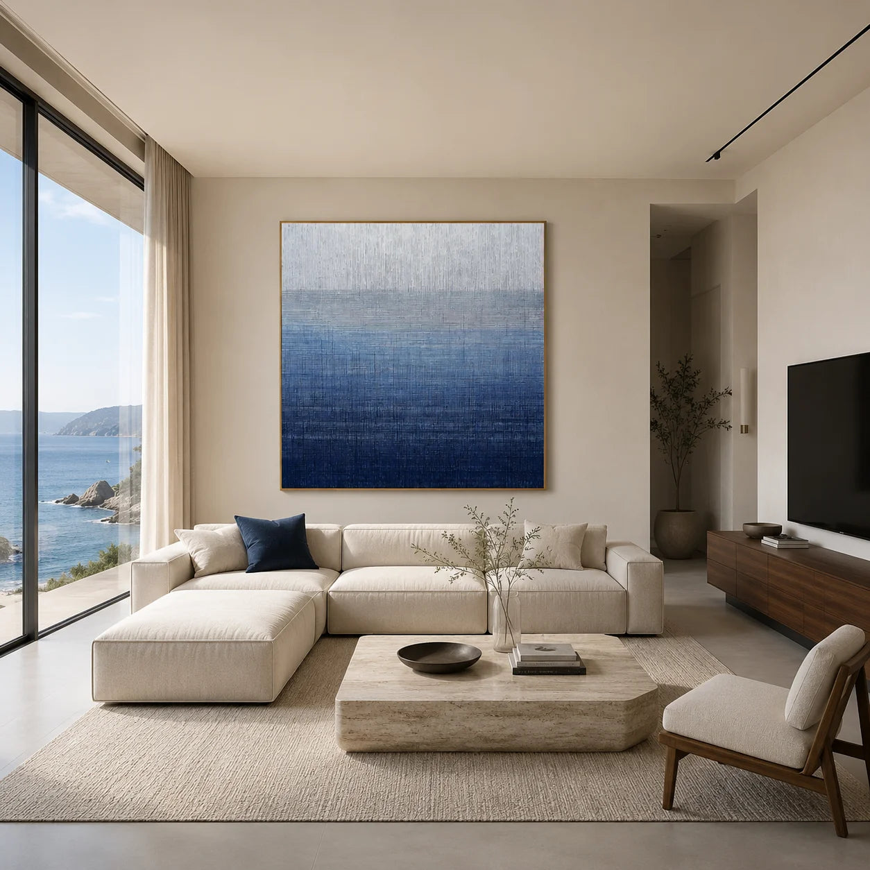 Ownanart Original Hand-Painted Blue Gradient Abstract Oil Painting, Modern Minimalist Layered Textured Wall Art for Living Room, Bedroom, and Office Decor  # OA 1267