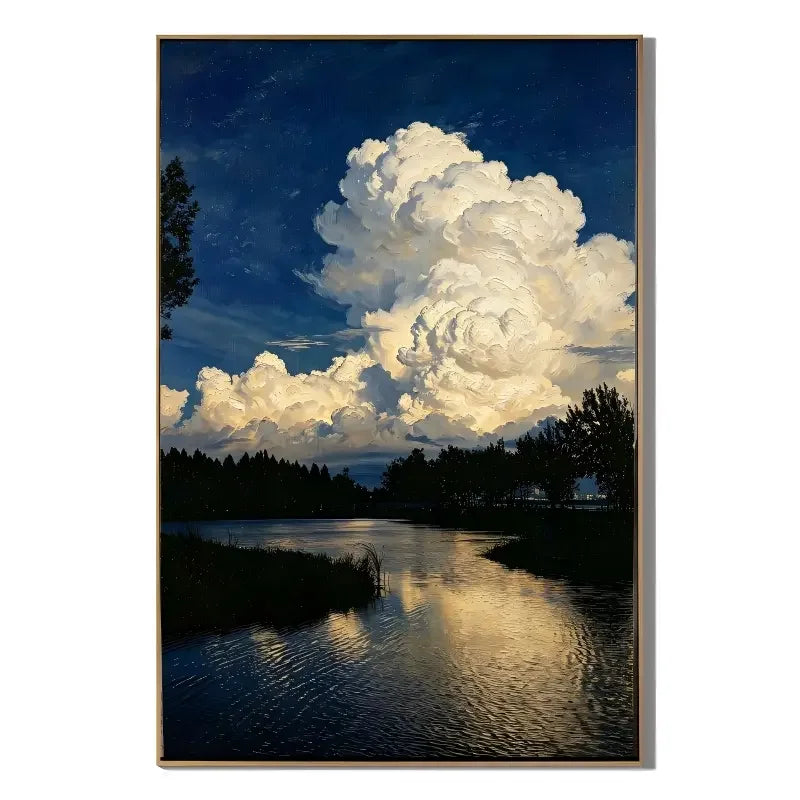 Ownanart Original Hand-Painted Blue Lake Landscape Oil Painting, Dramatic White Cloud Sky and Water Reflection Canvas Wall Art for Modern Living Room, Bedroom, Hotel and Luxury Home Decor # OA 1339