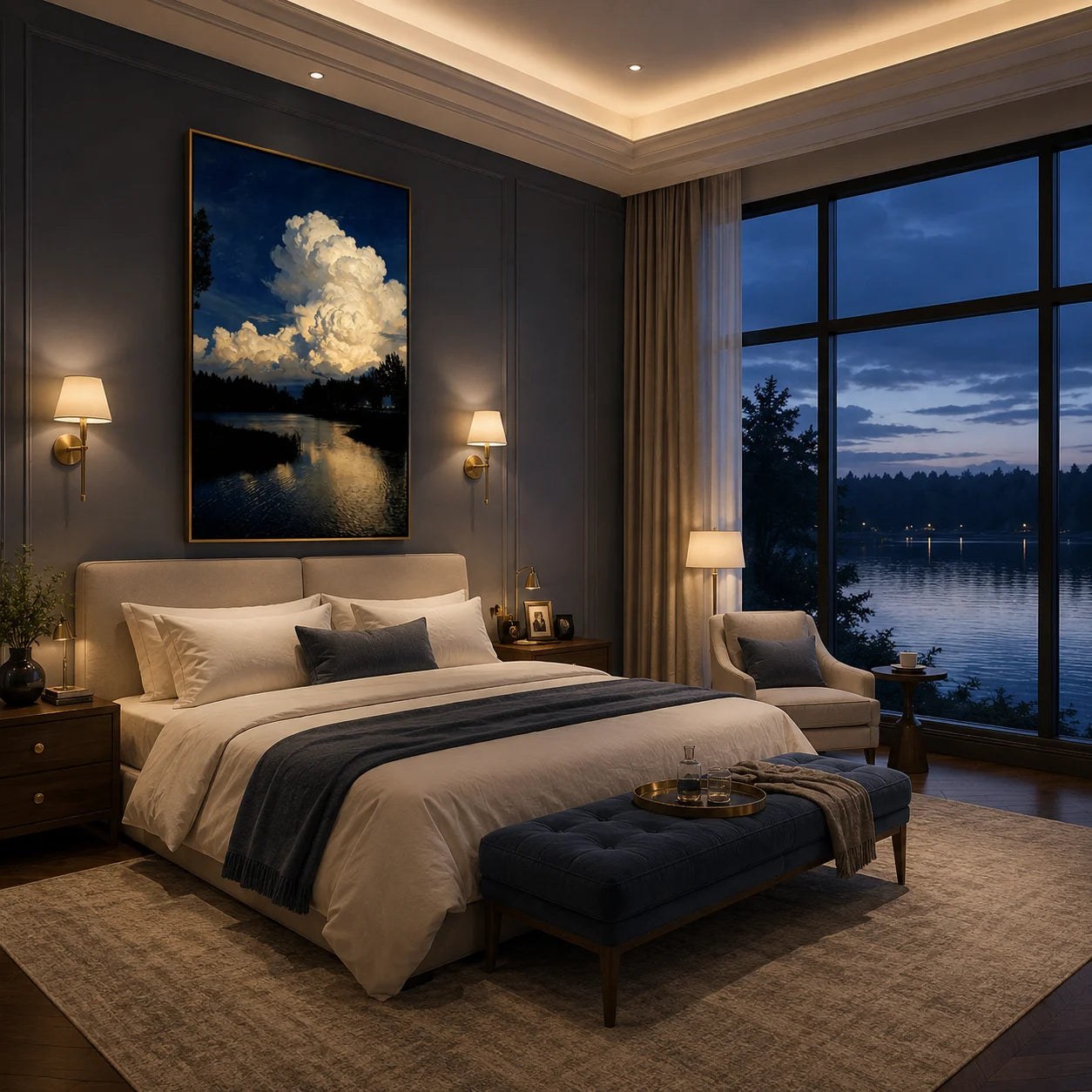 Ownanart Original Hand-Painted Blue Lake Landscape Oil Painting, Dramatic White Cloud Sky and Water Reflection Canvas Wall Art for Modern Living Room, Bedroom, Hotel and Luxury Home Decor # OA 1339