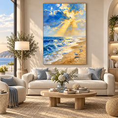 Blue Ocean Beach Oil Painting – Golden Sunlight Through Clouds with Rolling Waves and Seagulls, Textured Impasto Seascape Wall Art #OA 1373